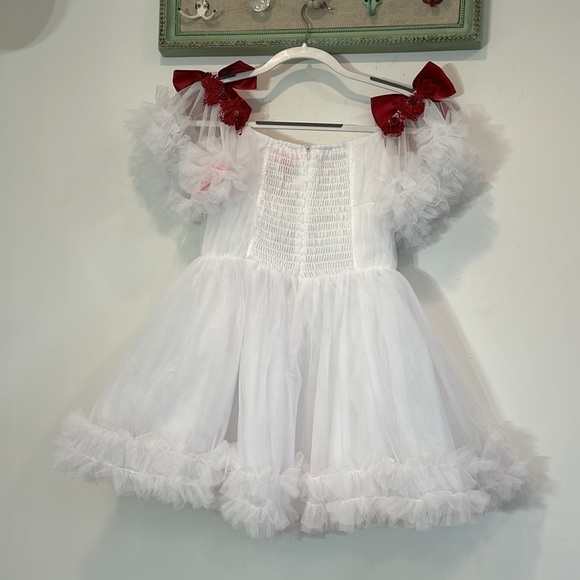 Brand New sugar Thrillz WINTER ROSE baby doll MINI DRESS WHITE red bow medium - Picture 5 of 6